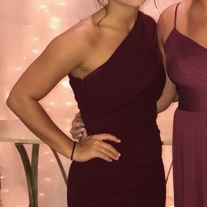 Wine David’s Bridal over the shoulder maxi dress